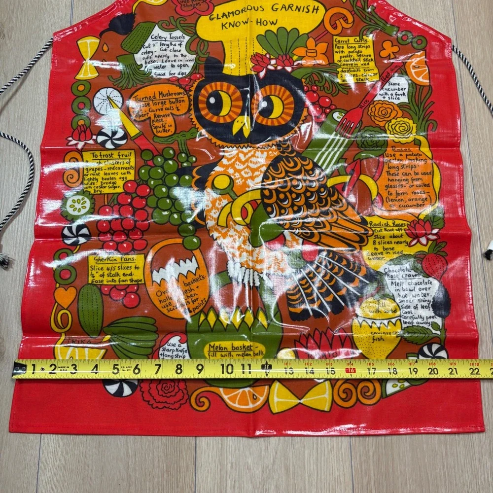 Vintage Erika Glamorous Garnish Know-How Owl Apron Red Retro Kitsch Wipeable